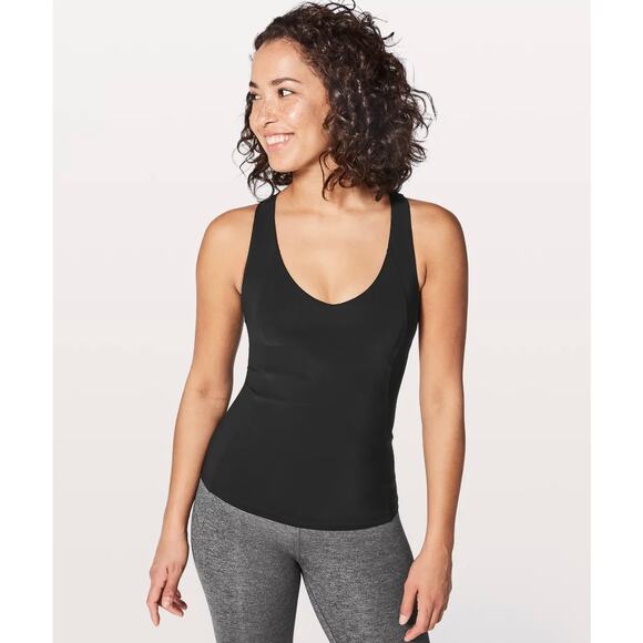 Lululemon Long Breath 2-In-1 Tank Black Criss Cross Size 4 Light Support B/C Cup - Picture 2 of 13